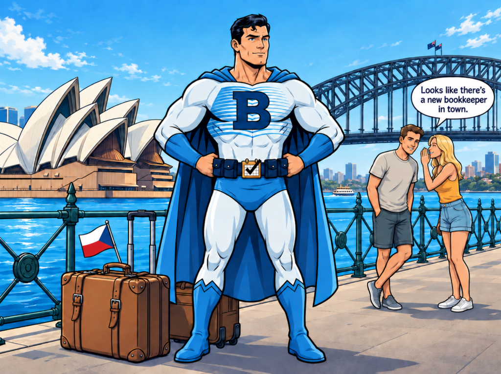 B-Man as he arrives to Sydney to save bookkeeping from the Northern Beaches.